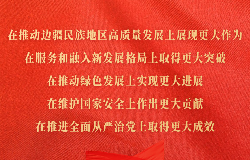 在推動(dòng)邊疆民族地區(qū)高質(zhì)量發(fā)展上展現(xiàn)更大作為，在服務(wù)和融入新發(fā)展格局上取得更大突破，在推動(dòng)綠色發(fā)展上實(shí)現(xiàn)更大進(jìn)展，在維護(hù)國(guó)家安全上作出更大貢獻(xiàn)，在推進(jìn)全面從嚴(yán)治黨上取得更大成效